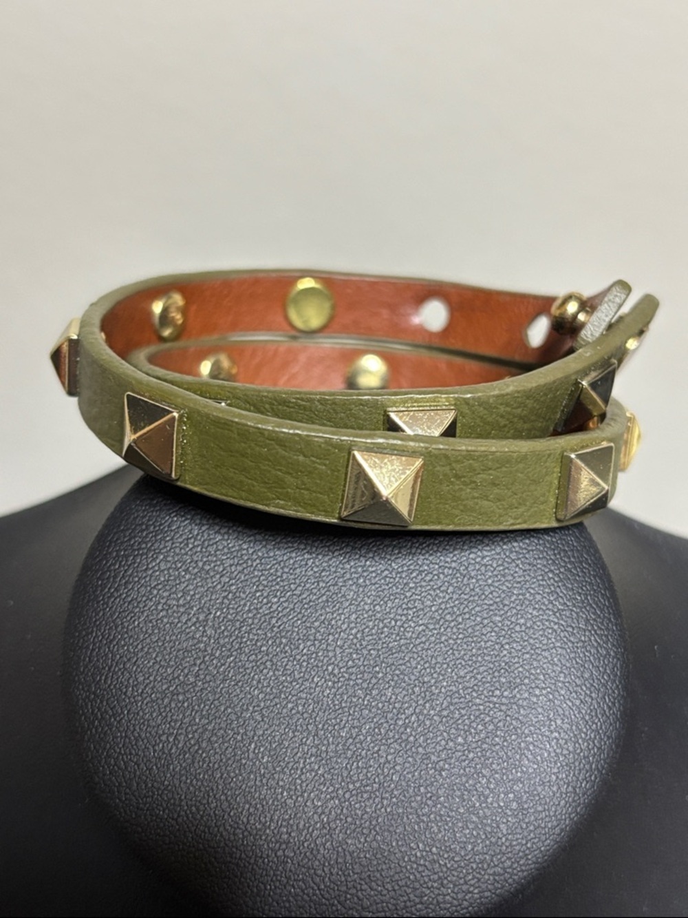 Stella & Dot Olive Green Gold Studs Leather Wrap Bracelet Rocker